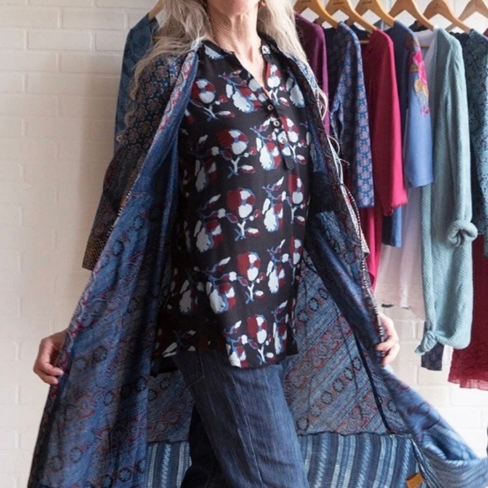 April Cornell Indigo‎ Night Stamped Floral Popover Blouse Shirt Top Womens Small